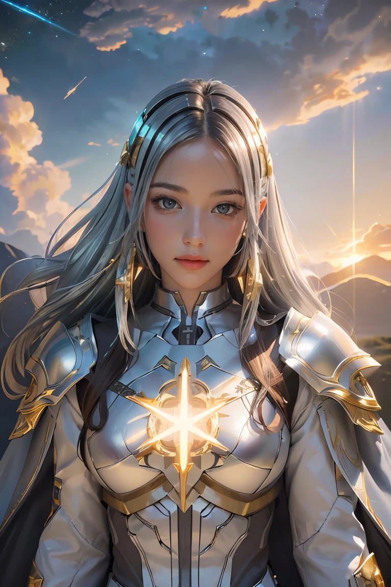 ((masterpiece, best quality, extremely detailed), volumetric lighting, ambient occlusion, colorful, glowing), 1girl, solo, young girl, (dark hair), long hair, halo, aura, sacred, goddess, cleric suit, (silver outfit with gold detailst:1.3), armor, outdoors, sunset, sky, clouds, space, (fantasy theme:1.2),