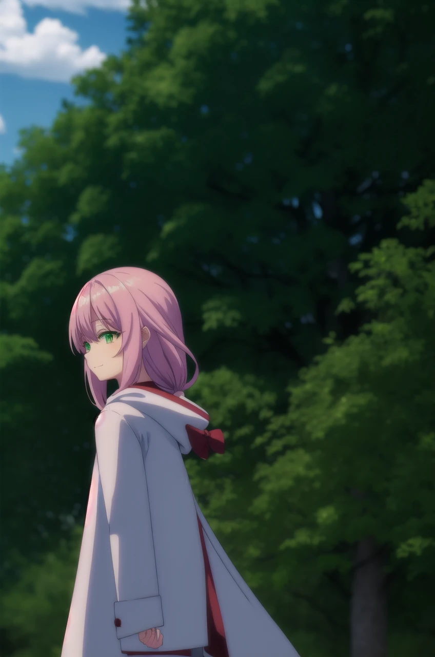 nornclatalissajioral, norn clatalissa jioral, long hair, hair between eyes, (green eyes:1.5), pink hair, smile,
BREAK long sleeves, dress, bow, red bow, hood, robe, white robe,
BREAK outdoors, forest, nature, grass, trees, sun, sky, clouds,
BREAK looking at viewer, (cowboy shot:1.5),
BREAK (masterpiece:1.2), best quality, high resolution, unity 8k wallpaper, (illustration:0.8), (beautiful detailed eyes:1.6), extremely detailed face, perfect lighting, extremely detailed CG, (perfect hands, perfect anatomy),