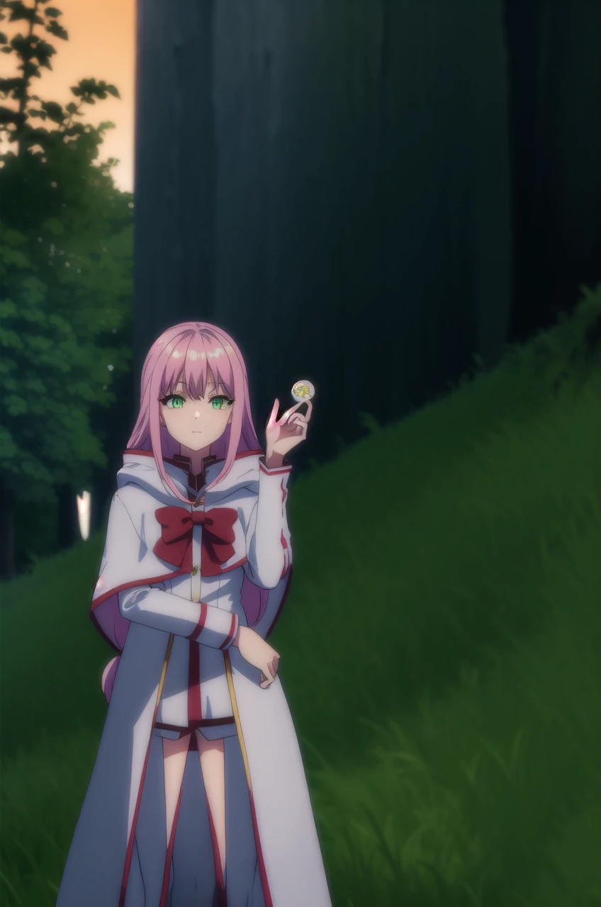 nornclatalissajioral, norn clatalissa jioral, long hair, hair between eyes, (green eyes:1.5), pink hair, smile,
BREAK long sleeves, dress, bow, red bow, hood, robe, white robe,
BREAK outdoors, forest, nature, grass, trees, sun, sky, clouds,
BREAK looking at viewer, (cowboy shot:1.5),
BREAK (masterpiece:1.2), best quality, high resolution, unity 8k wallpaper, (illustration:0.8), (beautiful detailed eyes:1.6), extremely detailed face, perfect lighting, extremely detailed CG, (perfect hands, perfect anatomy),