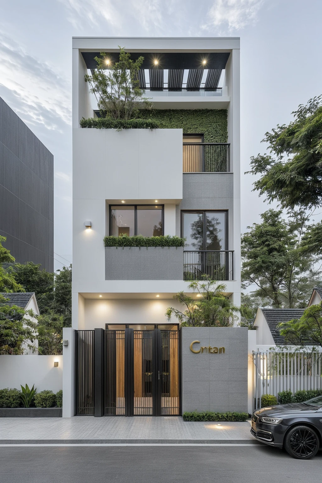 RAW photo, a photo of a modern house, (curvilinear chrchitecture:1.4), Wabisabi style rounded wall, white wall, steel dark gate, sidewalk, sidewalk trees, ((grey gate:1.2)), road, viet nam modern residence, ((architectural shot)), rough white wall, new residential area, wide angle exterior 2022, contemporary house, exterior photography, masterpiece, contemporary architecture, overcast, indirect lighting