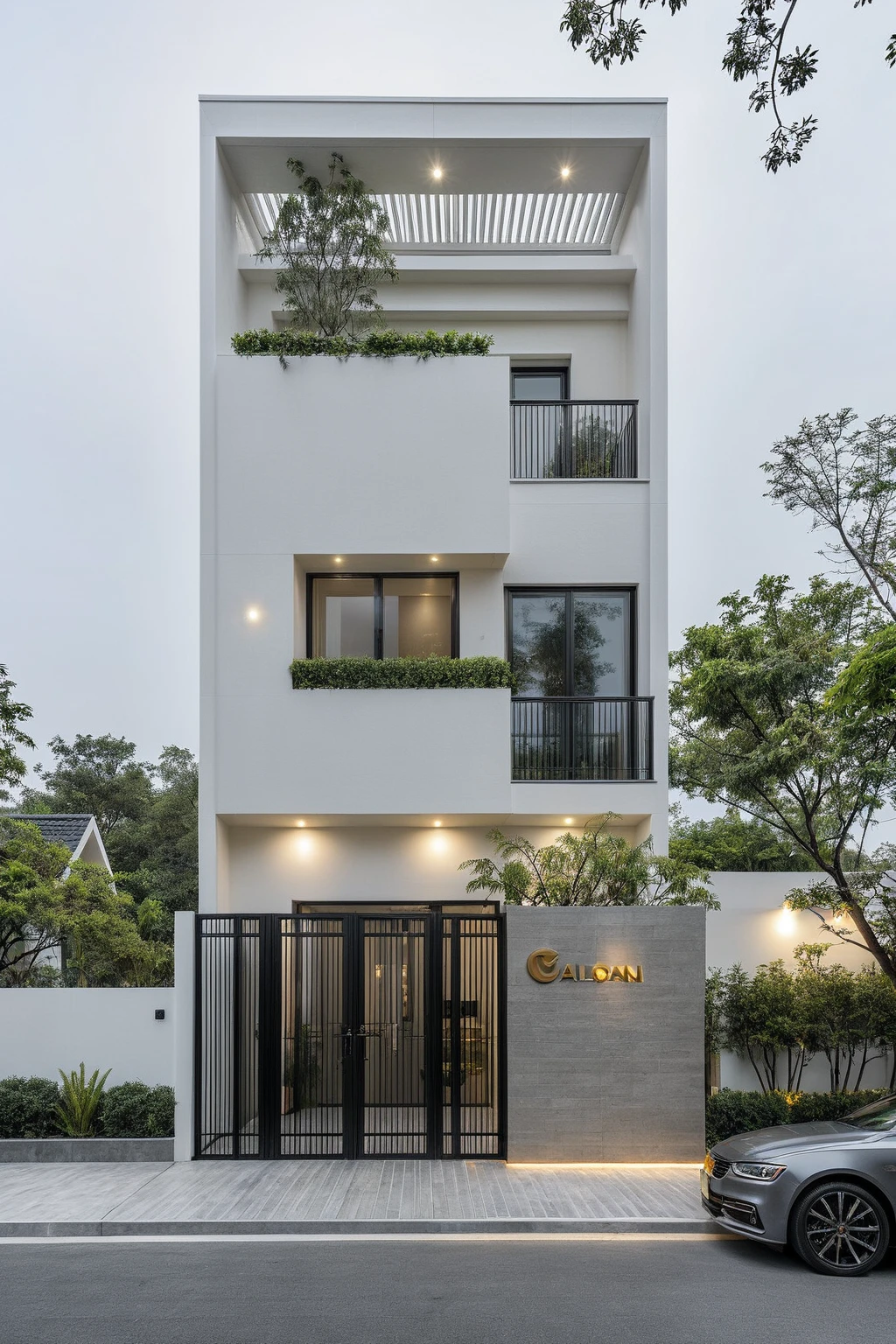 RAW photo, a photo of a modern house, (curvilinear chrchitecture:1.4), Wabisabi style rounded wall, white wall, steel dark gate, sidewalk, sidewalk trees, ((grey gate:1.2)), road, viet nam modern residence, ((architectural shot)), rough white wall, new residential area, wide angle exterior 2022, contemporary house, exterior photography, masterpiece, contemporary architecture, overcast, indirect lighting