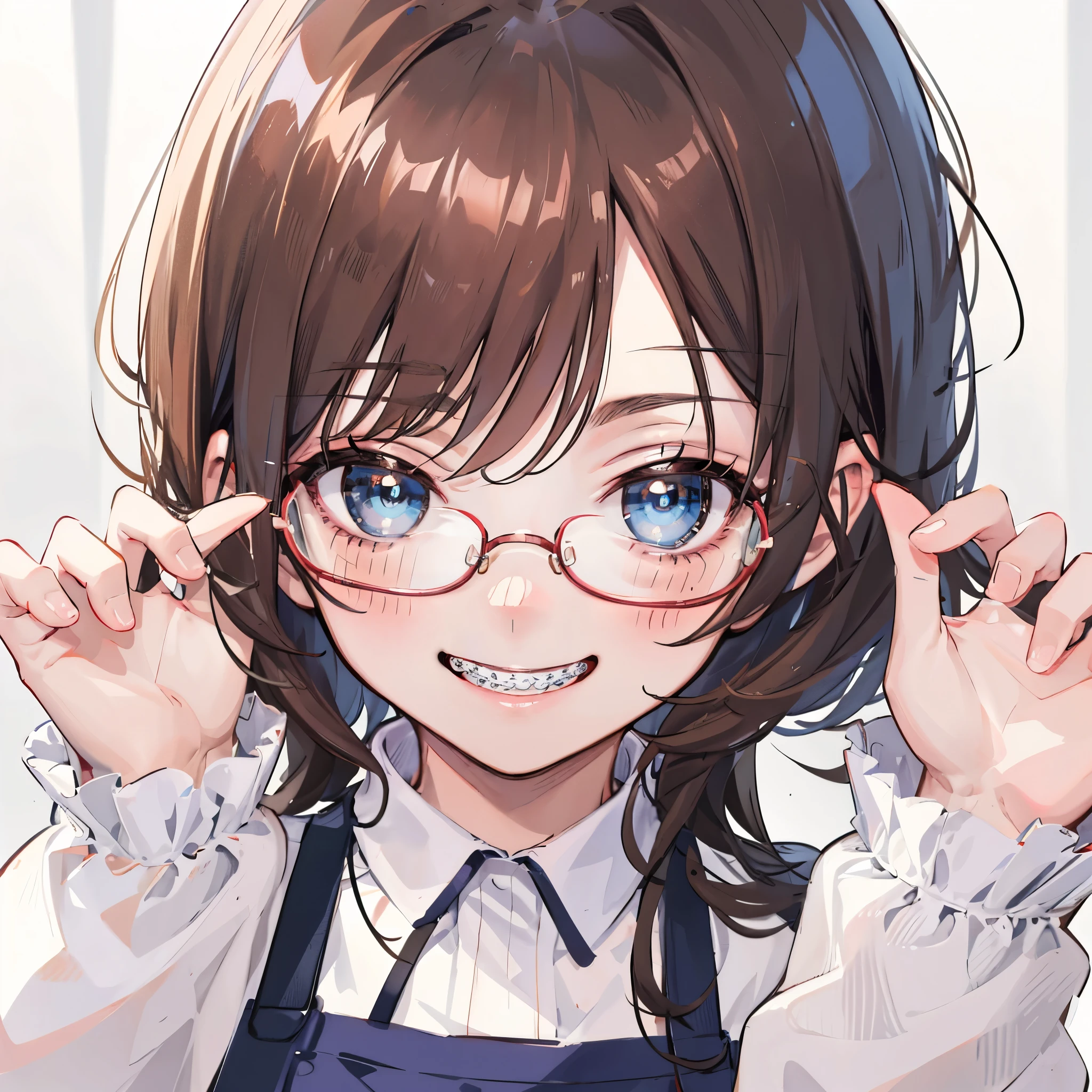 1girl, seductive eyes, braces, glasses, smiling, cute, face focus, blue eyes, blush, brown hair, best quality, masterpiece, highres
