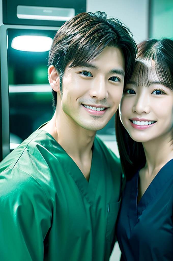 Male dentist and female dental hygienist　２people　A good business partner　日本people　Handsome Men and Beautiful Women　Wearing dark green scrubs　Upper body close-up　high resolution　high resolution　Highest quality　Visiting the clinic