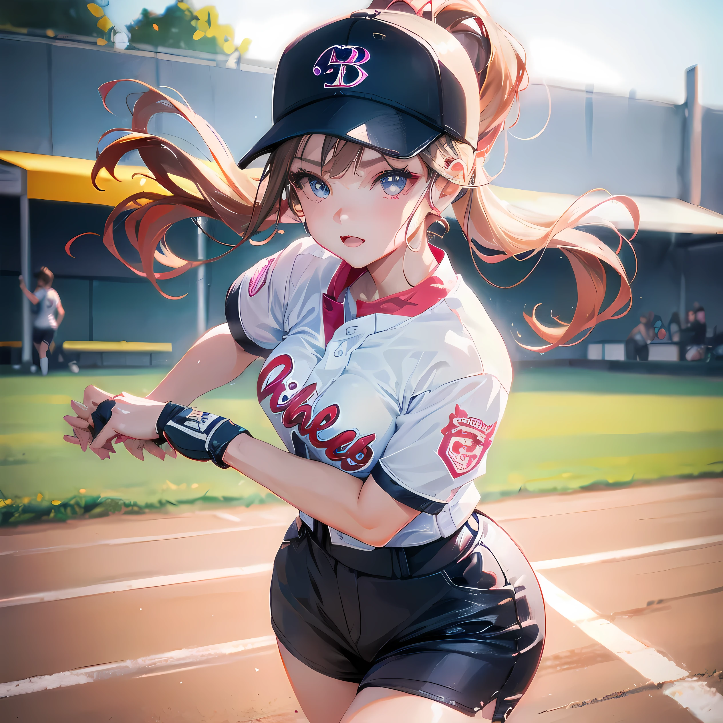 high quality,HD,16k,sharp lines,1 girl,Female softball Athletes ,cute face, medium breasts, nice legs,At the softball venue,focus girl,detailed beautiful face,detailed clothes,beautiful eyes,cool,dynamic angle full body