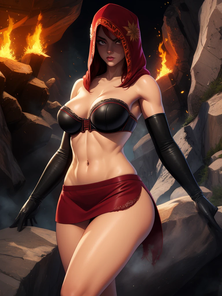 Dsorceress, redhair, shadowy face,dark cave, fire, hood, shadowed face, strapless bra, slim and athletic body, miniskirt, no panty, elbow gloves, dark skin, 1 girl (insanely detailed, masterpiece, best quality)