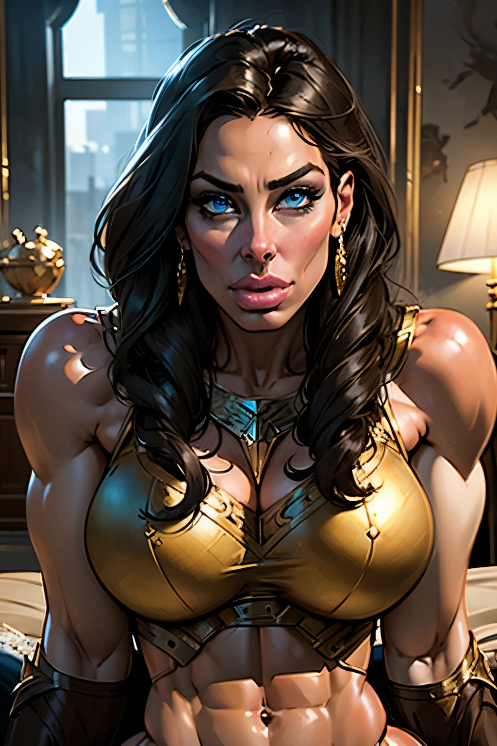 1girl, 35 y.o. woman,((Hippolyta)), portrait in Justice League style,"Strong, chiseled jawline" + "Deep, piercing blue eyes" + "Thick, dark eyebrows" + "Full, sensual lips" +"Long, dark hair styled in a sleek, straight style" + "Smooth, olive-toned skin" + "Toned, muscular figure" +"Toned, muscular figure with large, perky breasts" + "Tight, toned stomach" + "Round, firm buttocks" + "Toned, muscular legs" + "Round, firm, and toned ass", posing like a model, volumetric lighting, best quality, masterpiece, realistic, anatomically correct, (strong cinematic lighting), ((rim lighting)), stunning details, intricate details, 8k post-production, High resolution, super details, trending on ArtStation, sharp focus, depth of field f/1.8, studio photos, (((looking at camera)))