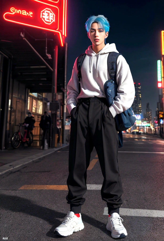 (best quality,4k,8k,highres,masterpiece:1.2),ultra-detailed,(realistic,photorealistic,photo-realistic:1.37),HDR,UHD,studio lighting,ultra-fine painting,sharp focus,physically-based rendering,extreme detail description,professional,vivid colors,bokeh,portraits A boy with short black hair, wearing a boy , with glowing red eyes, standing in a bustling city. The boy has a calm and chill expression on his face. He is surrounded by tall buildings and colorful neon lights, creating a vibrant and lively atmosphere. The cityscape extends into the distance, showcasing the vastness and energy of urban life. The boy's blue hair contrasts with the warm tones of the city, making him stand out. His uniform is neat and well-fitted, representing his disciplined and studious nature. The glowing red eyes add a touch of mystery and intrigue to his appearance, hinting at supernatural abilities or a hidden power within him. The portrait of the boy is of the highest quality, with every detail meticulously captured. The lighting in the scene is carefully crafted to enhance the boy's features and create a dramatic effect. The colors are vivid and vibrant, further enhancing the overall impact of the artwork. carrying backpack. wearing sneakers. tired. from a far. yawn. a girl with white hair. wearing girl . carrying bag
