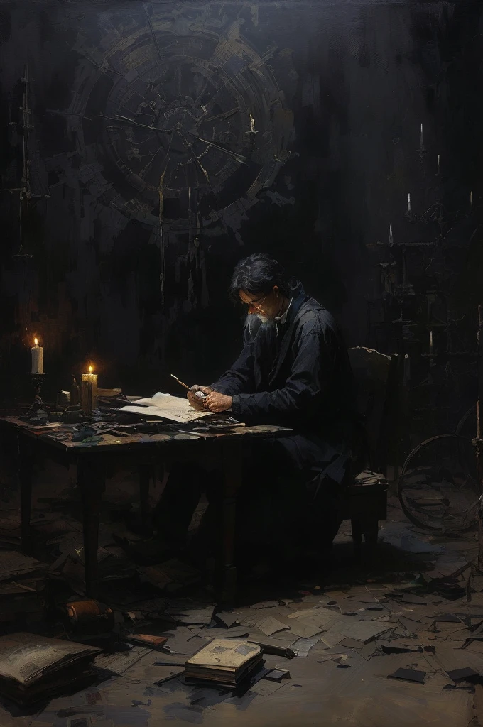Painting of a man sitting at a table writing a book, Thomas Eakins and Beksinski, author:Ludwik Konarzewski, author:Carl Kopinski, author:Leon Kaplinsky, Diligent Chiaroscuro, author:Ludwik Konarzewski Jr, Kramskoy 4K, Make friends