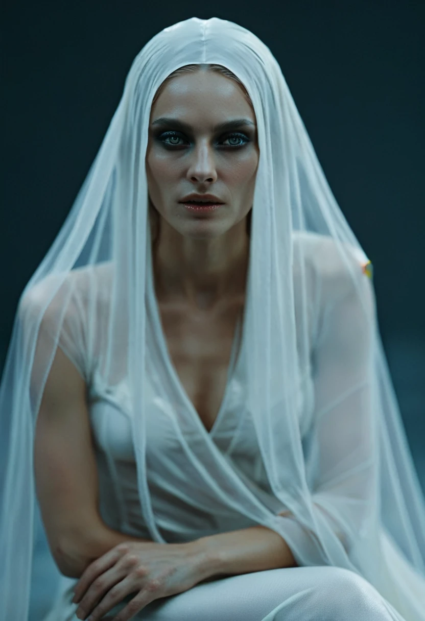 Fashionable of androgynous alien looking witch wearing veil, glowing eyes, beautiful evil slavic muscular woman, pale skin, long hair, futuristic design, minimal details, givenchy, photoreal, 200mm, hd, f/ 2.0, highly detailed, surreal, sitting, light smile, simple white stylish clothes, a slight smiledrop dead, in the style of red and blue, (intricate details, hyperdetailed:1.15) (skin texture:1.2), cinematic, professional, 4k, (((dynamic model pose))), sitting, full body, mesmerizing, dynamic, dramatic, sensual, dynamic pose, highly detailed skin with hair, subcutaneous veins, light and shadow play, highly detailed,24mm photograph, film, bokeh, professional, 4k,
