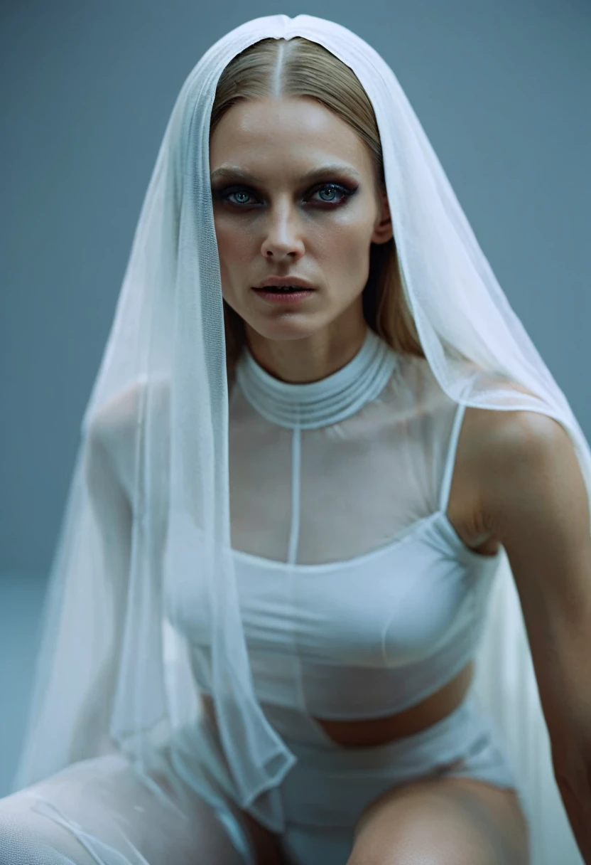 Fashionable of androgynous alien looking witch wearing veil, glowing eyes, beautiful evil slavic muscular woman, pale skin, long hair, futuristic design, minimal details, givenchy, photoreal, 200mm, hd, f/ 2.0, highly detailed, surreal, sitting, light smile, simple white stylish clothes, a slight smiledrop dead, in the style of red and blue, (intricate details, hyperdetailed:1.15) (skin texture:1.2), cinematic, professional, 4k, (((dynamic model pose))), sitting, full body, mesmerizing, dynamic, dramatic, sensual, dynamic pose, highly detailed skin with hair, subcutaneous veins, light and shadow play, highly detailed,24mm photograph, film, bokeh, professional, 4k,