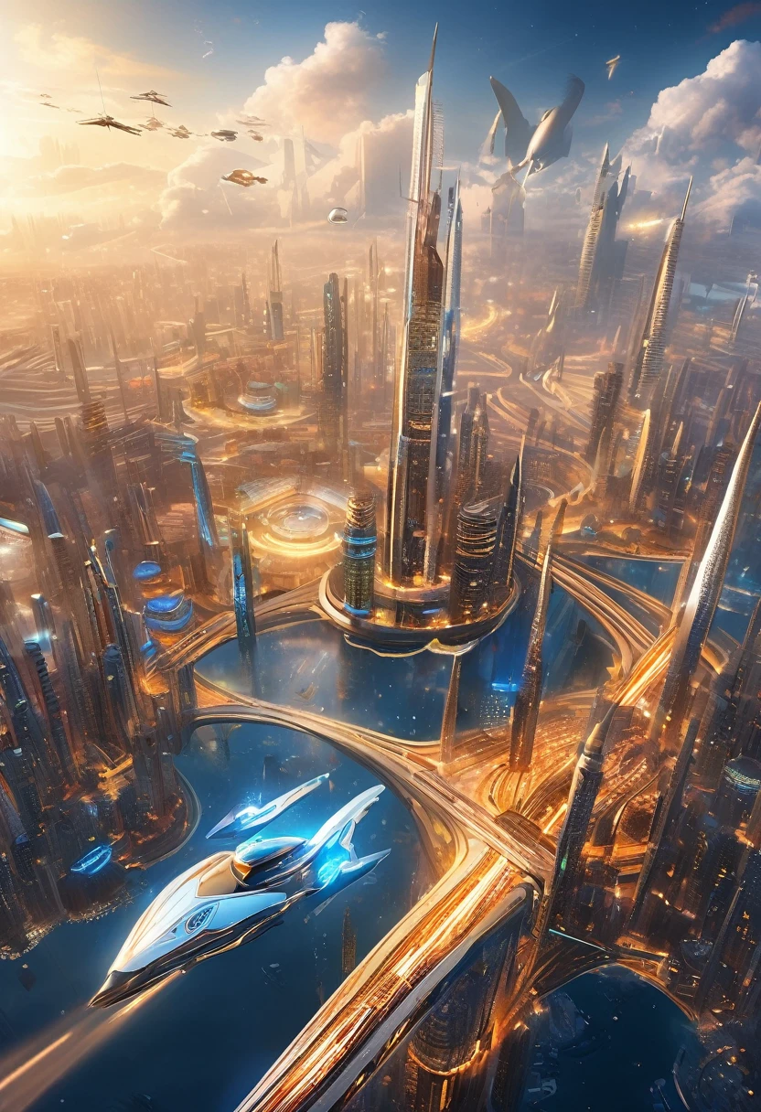 Create futuristic hyperrealistic artworks, Imagine a floating city in the sky, with complex architectural structures and advanced technology. Paint this futuristic city in great detail, capturing the bright lights, suspended platforms and flying vehicles that cross the skies.