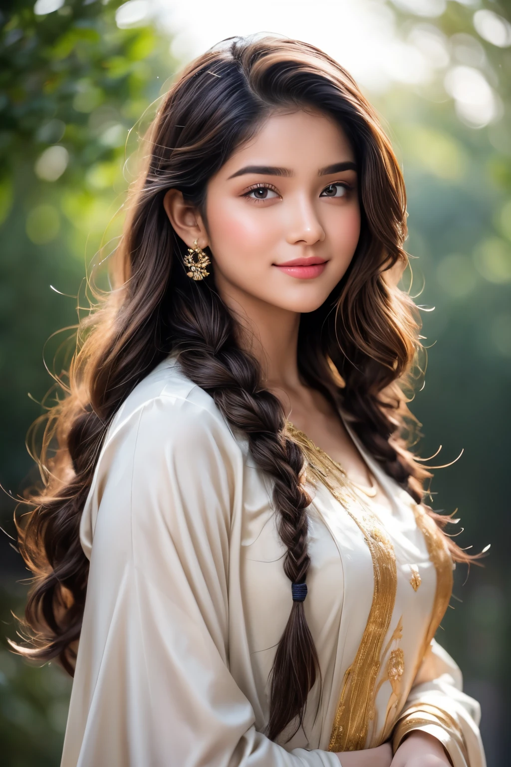 A breathtakingly beautiful 18-year-old girl named Anikha, who is the epitome of elegance and charm. She stands out as the central focus of this ultra-detailed, 8K resolution masterpiece with a perfect score of 9 and a UHD rating of 1.3. Her delicate facial features are captured with a stunning realism that's amplified by a majestic score of 1.5, making her appear as if she's stepped out of a high-definition dream. Her skin glows with a soft blush, perfectly accentuating her detailed, natural beauty. Her eyes, a rich brown, are filled with a blissful vibe, reflecting the cinematic lighting that surrounds her. They are so realistic and sharp that they seem to hold secrets of the universe within them. The exquisite twin braids of her long, shining hair are adorned with a hair ornament that adds an extra touch of elegance to her already flawless look. The background, a canvas of blurred perfection with a score of 1.7 for background blur, showcases an intricate peacock feather design that complements the overall aesthetic without overwhelming the main subject.