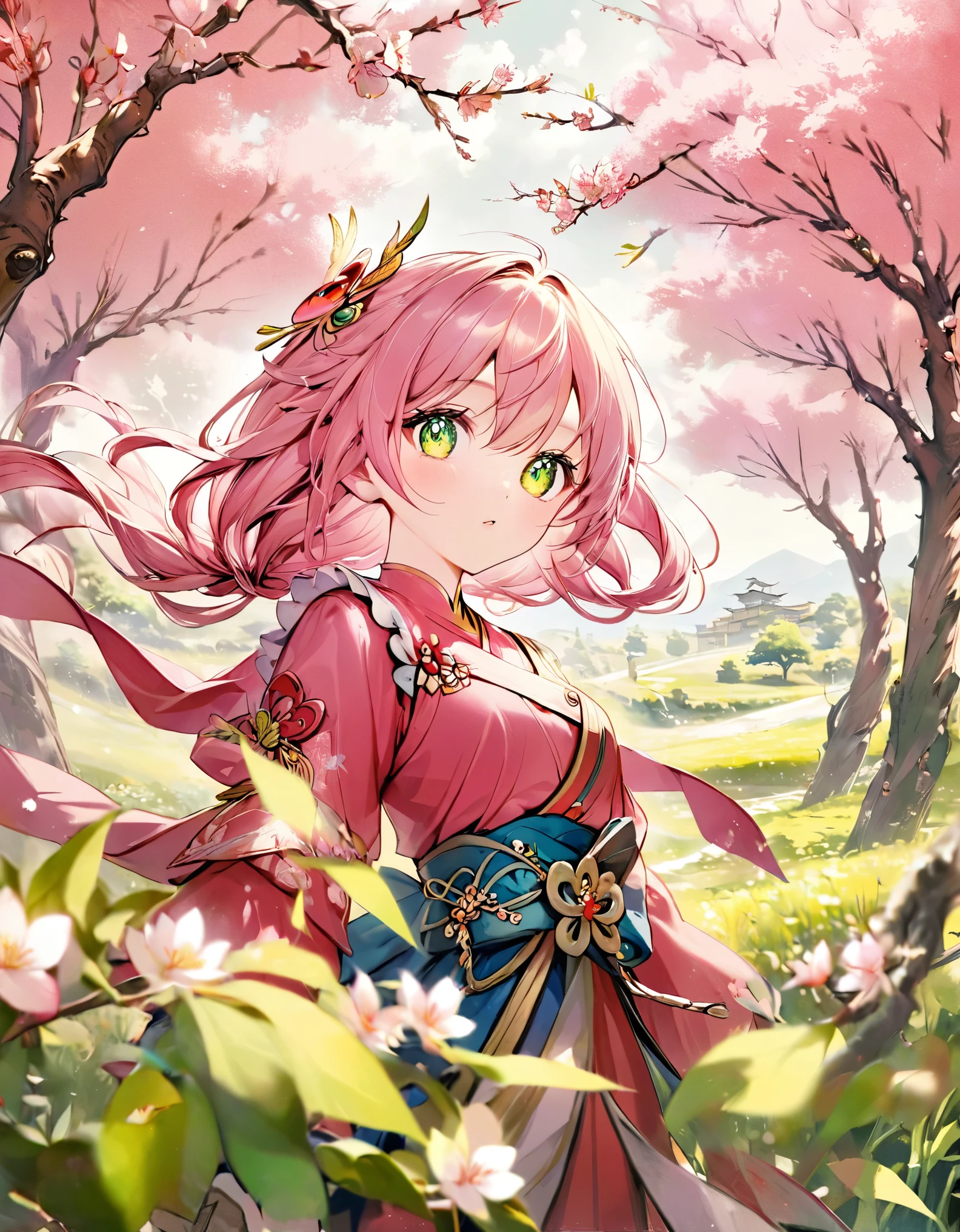 This is a simple but beautiful portrait of a girl dressed in pink and white, Wearing complicated clothes, Three-dimensional facial features, Big eyes, In the famous wind, Pale yellow and green, Elaborate costumes, Delicate flowers, Organic and flowing shapes, Cartoon style character design, Traditional attire，The willow tree lives in a field where dragonflies fly around.,, Ferris Prock style, Song Dynasty, Raphael Kirchner, 17th century, Marjorie Miller, cherry blossoms， Front view, Photo Style, Cinematic, Genuine, SurGenuineism, Fantasy, myth, Product Rendering, Movie Posters, Commercial blockbuster, Ultra-high resolution, Detailed content，8K --AR 3:4 -- More than 5 -- 180