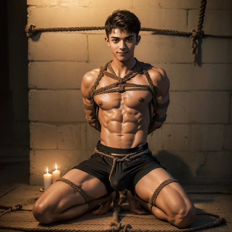  (((19 year old boy, skinny, lean))), smiling (((wearing gym shorts)))  kneeling, ((((Trussed up completely with rope)))), ((((very tight rope crossed over chest)))),(((body in tight shibari ropes))) sweating, wet skin, in a dungeon with candles and a fireplace 
