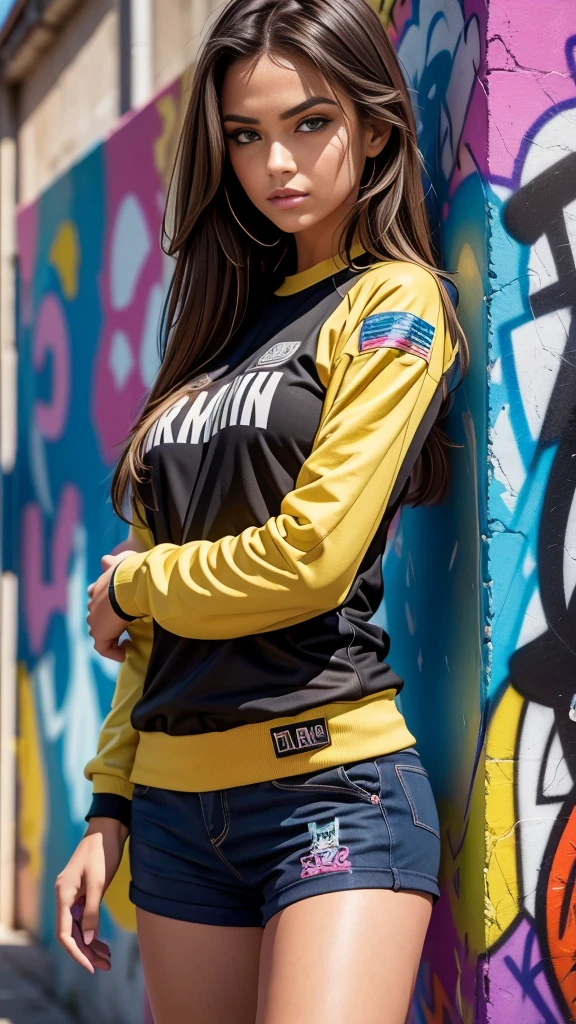 (best quality), masterpiece, extremely detailed CG uniform 8K illustration, high color, extremely high color saturation, all colors deepened, paint, graffiti art, center composition, extremely detailed light and shadow, graffiti wall, wall painted bright, 1 girl graffiti 1 girl looking at the wall, extremely detailed face and eyes, medium length hair, sportswear, colored clouds