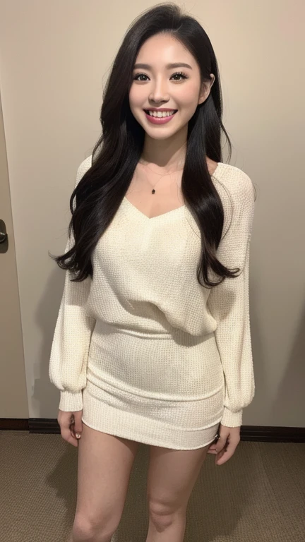 ((top-quality、masutepiece、8K、Top image quality、Hyper-Realism, full body shot))、The Biggest Smile、white big teeth、Perfect makeup、long eyelashes、View me、smile your best smile、perfect anatomia、Bright lighting, hyper realistic, photoreal, ootd, instagramable