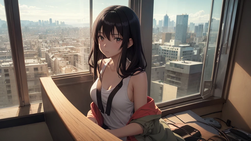 Absurd, Ultra-high resolution, (Official Art, beautifully、mysterious:1.2), Correct human body composition, Striking eyes, length, Shiny black hair, Larger than average bust, Girl listening to music with headphones, Looking out the window, lo-fi girl, Oversized hoodie and short skirt, Makoto Shinkai and Artgelm, Anime atmosphere, Lofi Art Style, Anime style 8k, Anime Aesthetics, Lo-fi feel, Anime Art Wallpapers 8K, An atmosphere of praise, City Room, age Girl's Room, A room for music lovers, city view from the window, Impressive cityscape, Bright sky