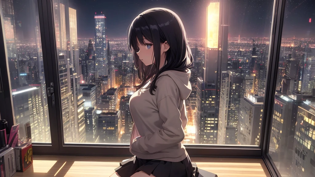 Absurd, Ultra-high resolution, (Official Art, beautifully、mysterious:1.2), Correct human body composition, Striking eyes, length, Shiny black hair, Larger than average bust, Girl listening to music with headphones, Looking out the window, lo-fi girl, Oversized hoodie and short skirt, Makoto Shinkai and Artgelm, Anime atmosphere, Lofi Art Style, Anime style 8k, Anime Aesthetics, Lo-fi feel, Anime Art Wallpapers 8K, An atmosphere of praise, City Room, age Girl's Room, A room for music lovers, city view from the window, Impressive cityscape, Bright sky