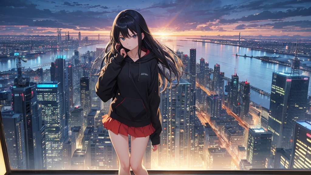 Absurd, Ultra-high resolution, (Official Art, beautifully、mysterious:1.2), Correct human body composition, Striking eyes, length, Shiny black hair, Larger than average bust, Girl listening to music with headphones, Looking out the window, lo-fi girl, Oversized hoodie and short skirt, Makoto Shinkai and Artgelm, Anime atmosphere, Lofi Art Style, Anime style 8k, Anime Aesthetics, Lo-fi feel, Anime Art Wallpapers 8K, An atmosphere of praise, City Room, Teenage Girl's Room, A room for music lovers, city view from the window, Impressive cityscape, Bright sky