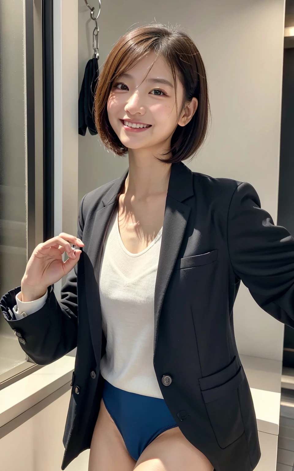 Raise your hand,In-house、Wearing a business jacket,Wear a shirt,look at the camera with a smile、（Panties:1.5）、woman, 20-year-old, Short Hair,私のPantiesを露出させてください...、(レースのPantiesー)、(Tilt your head a little)、Detailed skin、Detailed skin、Detailed Sweat