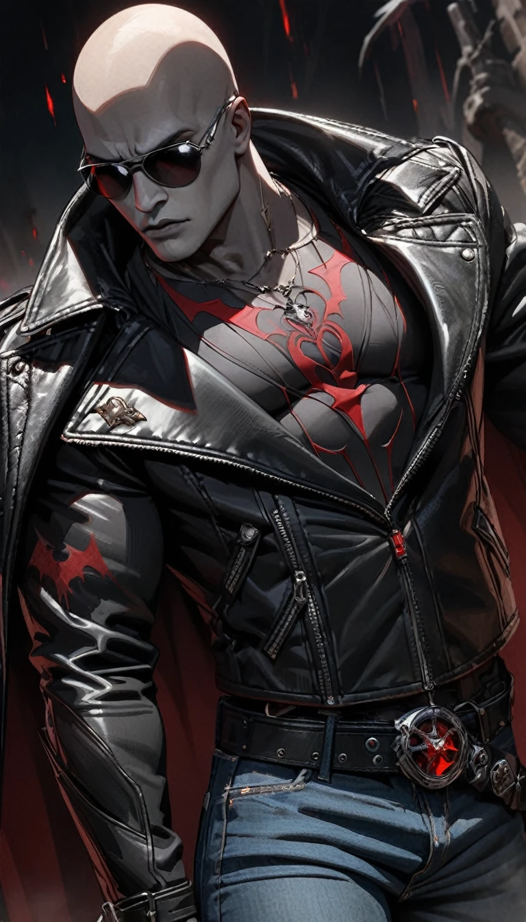 Adult guy, black skin, bald, tattoo, red eyes, black leather jacket, jeans, sunglasses, vampire hunter, half vambire, Masterpiece, best quality, Full HD, 8k, ultra details, great graphic