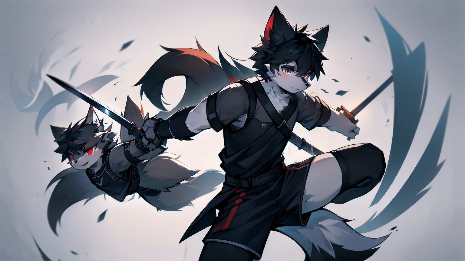 White Wolf，black hair，Red eyes，Wolf ears，Wolf Tail，juvenile，male，hairy，Hair，Half body armor，Combat uniform，Silver and black clothing，Handsome，Handsome，shorts，The forearm is exposed，leg，Fighting Stance，Duel，Two people，Anxious，Armed with a sword，Simple background，Swords