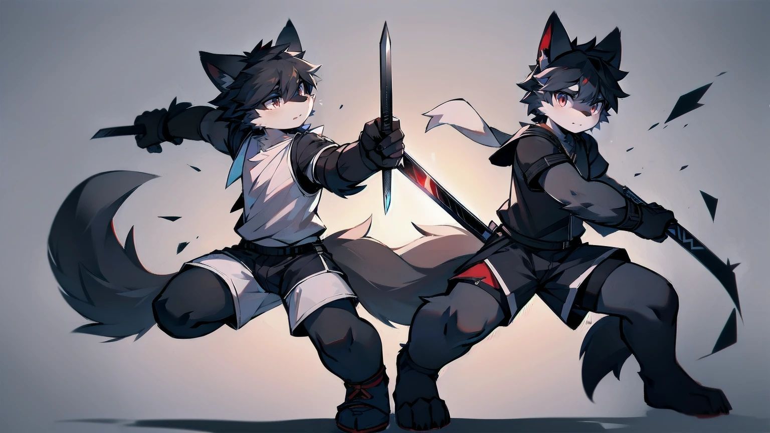White Wolf,black hair,Red eyes,Wolf ears,Wolf Tail,juvenile,male,hairy,Hair,Half body armor,Combat uniform,Silver and black clothing,Handsome,Handsome,shorts,The forearm is exposed,leg,Fighting Stance,Duel,Two people,Anxious,Armed with a sword,Simple background,Swords