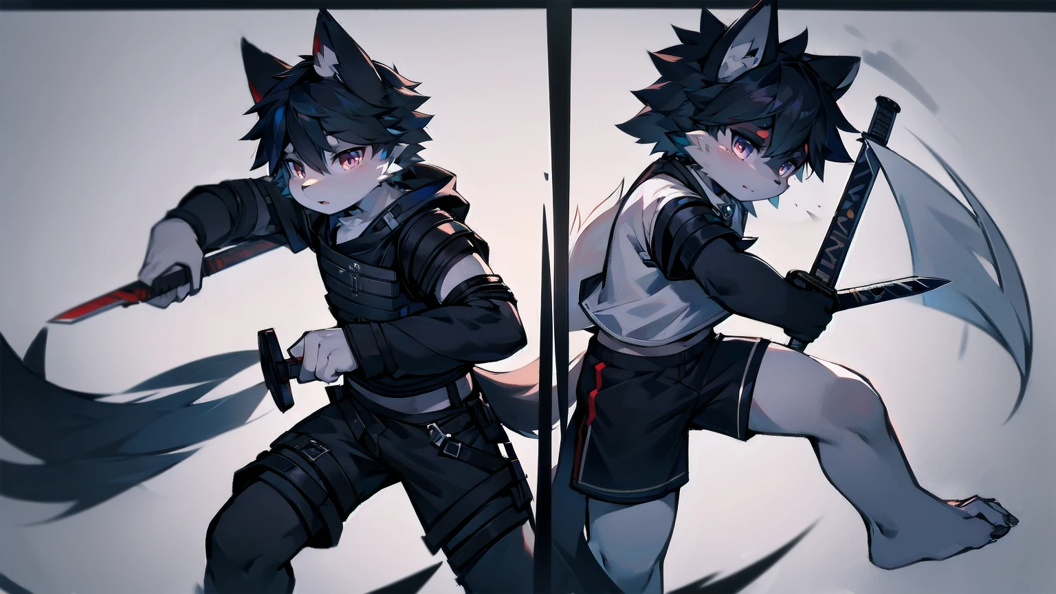 White Wolf,black hair,Red eyes,Wolf ears,Wolf Tail,juvenile,male,hairy,Hair,Half body armor,Combat uniform,Silver and black clothing,Handsome,Handsome,shorts,The forearm is exposed,leg,Fighting Stance,Duel,Two people,Anxious,Armed with a sword,Simple background,Swords