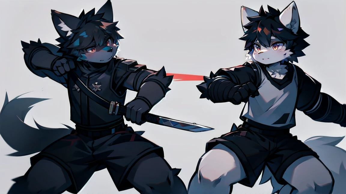 White Wolf,black hair,Red eyes,Wolf ears,Wolf Tail,juvenile,male,hairy,Hair,Half body armor,Combat uniform,Silver and black clothing,Handsome,Handsome,shorts,The forearm is exposed,leg,Fighting Stance,Duel,Two people,Anxious,Armed with a sword,Simple background,Swords