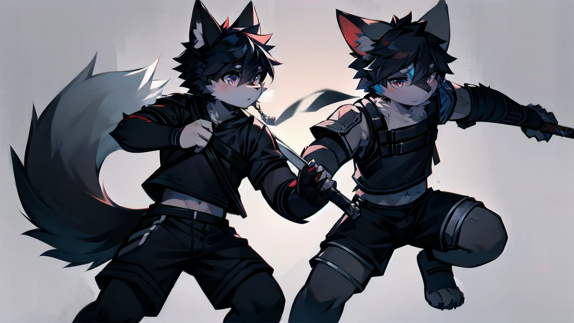 White Wolf,black hair,Red eyes,Wolf ears,Wolf Tail,juvenile,male,hairy,Hair,Half body armor,Combat uniform,Silver and black clothing,Handsome,Handsome,shorts,The forearm is exposed,leg,Fighting Stance,Duel,Two people,Anxious,Armed with a sword,Simple background,Swords