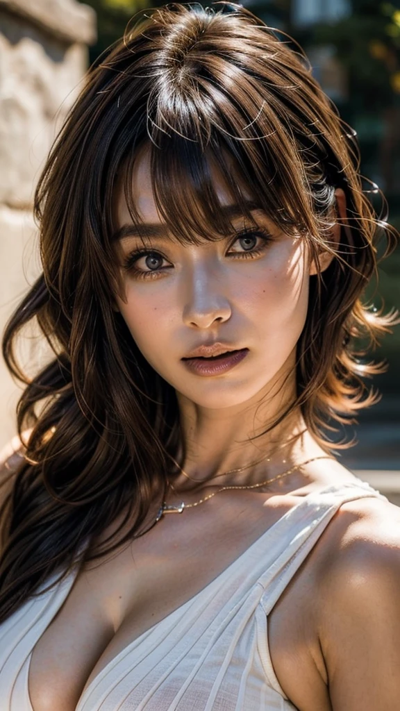 (masterpiece:1.3), (8K, Photorealistic, Raw photo, Best image quality: 1.4), Japanese girl、(Random Hairstyles:1.2)、Cleavage:1.2、Super detailed face、Attention to detail、double eyelid、Put your chest together、Sharp focus:1.2、Beautiful woman:1.4、Light brown hair、Highest quality、masterpiece、Ultra-high resolution、(Photorealistic:1.4)、, compensate, eye shadow, Thick eyelashes, Fantasy, Looking at the audience, spring ((Natural big breasts:1.4)),((Upper Body))