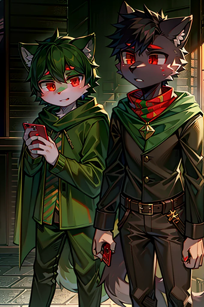 One Chico, Wolf, Green and black fur, young people, Two red eyes,There is a green ring on the hand,There is a cape around the neck,Wearing green combat uniform,Mobile phone holding a long sword