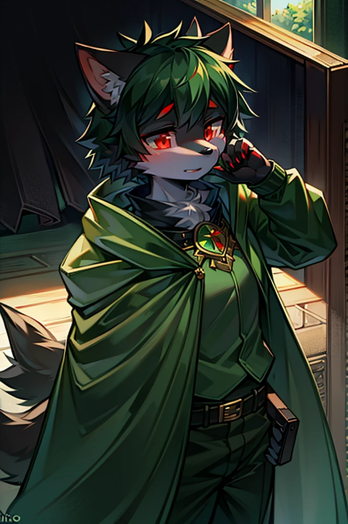 One Chico, Wolf, Green and black fur, young people, Two red eyes,There is a green ring on the hand,There is a cape around the neck,Wearing green combat uniform,Mobile phone holding a long sword
