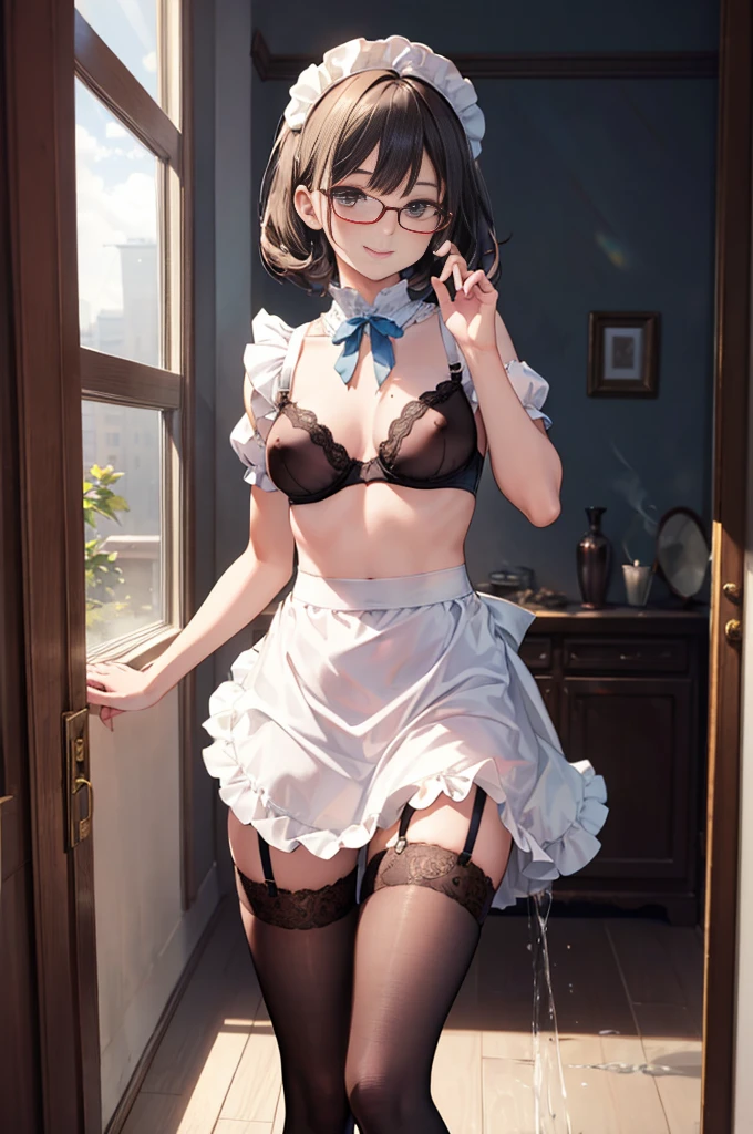 (masterpiece), woman,Frilled maid costume,Long skirt, Small breasts,Natural light, Realistic, Diffuse Light, skinny, vapor, (Please lift your skirt), (urination), With a smile.garter belt,Lace Stockings,Long nipples,Areola,See-through bra, Blowjob gestures,Frill apron,Glasses