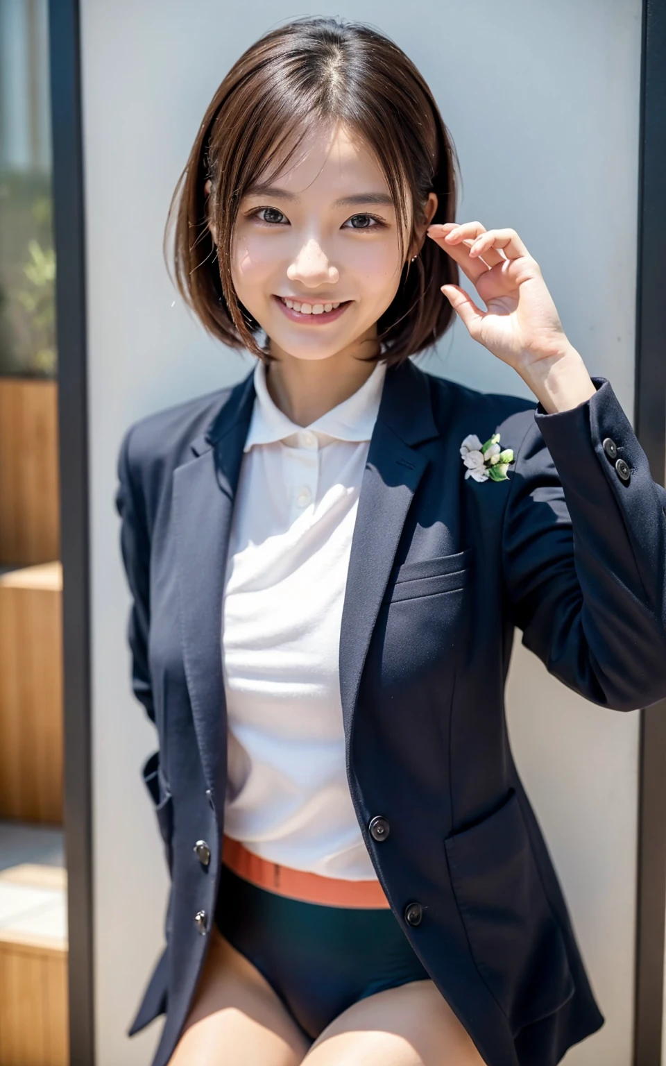 Raise your hand,In-house、Wearing a business jacket,Wear a shirt,look at the camera with a smile、（Panties:1.5）、woman, 20-year-old, Short Hair,私のPantiesを露出させてください...、(レースのPantiesー)、(Tilt your head a little)、Detailed skin、Detailed skin、Detailed Sweat