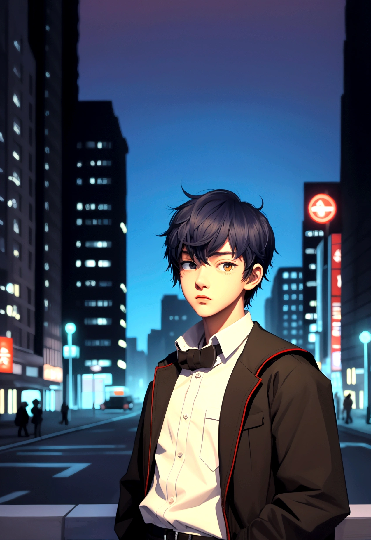 (best quality,4k,8k,highres,masterpiece:1.2),ultra-detailed,(realistic,photorealistic,photo-realistic:1.37),HDR,UHD,studio lighting,ultra-fine painting,sharp focus,physically-based rendering,extreme detail description,professional,vivid colors,bokeh,portraits A boy with short black hair, wearing a boy , with glowing red eyes, standing in a bustling city. The boy has a calm and chill expression on his face. He is surrounded by tall buildings and colorful neon lights, creating a vibrant and lively atmosphere. The cityscape extends into the distance, showcasing the vastness and energy of urban life. The boy's blue hair contrasts with the warm tones of the city, making him stand out. His uniform is neat and well-fitted, representing his disciplined and studious nature. The glowing red eyes add a touch of mystery and intrigue to his appearance, hinting at supernatural abilities or a hidden power within him. The portrait of the boy is of the highest quality, with every detail meticulously captured. The lighting in the scene is carefully crafted to enhance the boy's features and create a dramatic effect. The colors are vivid and vibrant, further enhancing the overall impact of the artwork. carrying backpack. wearing sneakers. tired. from a far. yawn. a girl with white hair. wearing girl . carrying bag