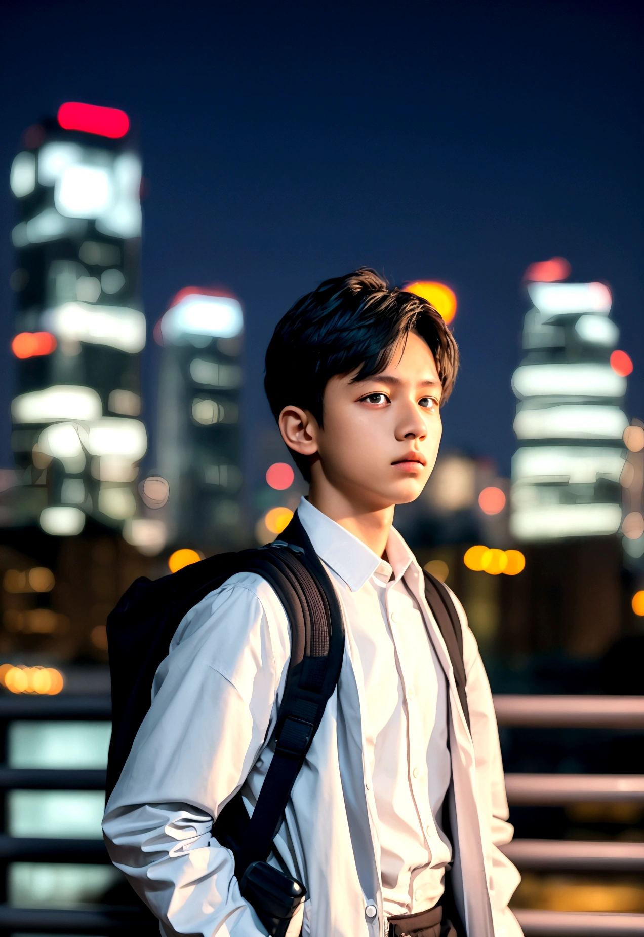 (best quality,4k,8k,highres,masterpiece:1.2),ultra-detailed,(realistic,photorealistic,photo-realistic:1.37),HDR,UHD,studio lighting,ultra-fine painting,sharp focus,physically-based rendering,extreme detail description,professional,vivid colors,bokeh,portraits A boy with short black hair, wearing a boy , with glowing red eyes, standing in a bustling city. The boy has a calm and chill expression on his face. He is surrounded by tall buildings and colorful neon lights, creating a vibrant and lively atmosphere. The cityscape extends into the distance, showcasing the vastness and energy of urban life. The boy's blue hair contrasts with the warm tones of the city, making him stand out. His uniform is neat and well-fitted, representing his disciplined and studious nature. The glowing red eyes add a touch of mystery and intrigue to his appearance, hinting at supernatural abilities or a hidden power within him. The portrait of the boy is of the highest quality, with every detail meticulously captured. The lighting in the scene is carefully crafted to enhance the boy's features and create a dramatic effect. The colors are vivid and vibrant, further enhancing the overall impact of the artwork. carrying backpack. wearing sneakers. tired. from a far. yawn. a girl with white hair. wearing girl . carrying bag