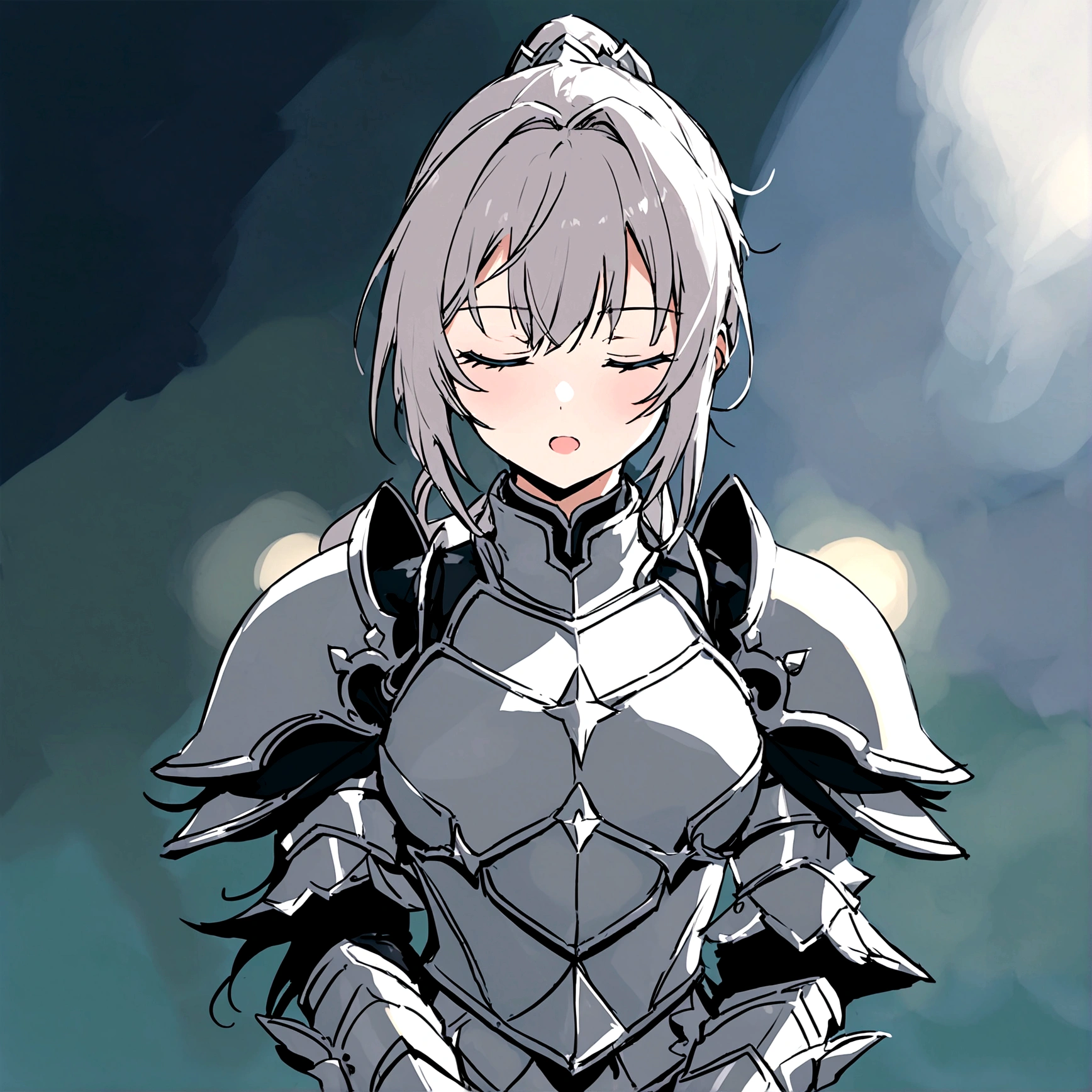 ice princess, Beautiful girl knight in armor, Gray Hair, fantastic, Face your body forward like a certificate photo, shoot from front, Ponytail, Armor Girl, beautiful female knight, Female Paladin, upper body shot, drawing both arms, closed eyes
