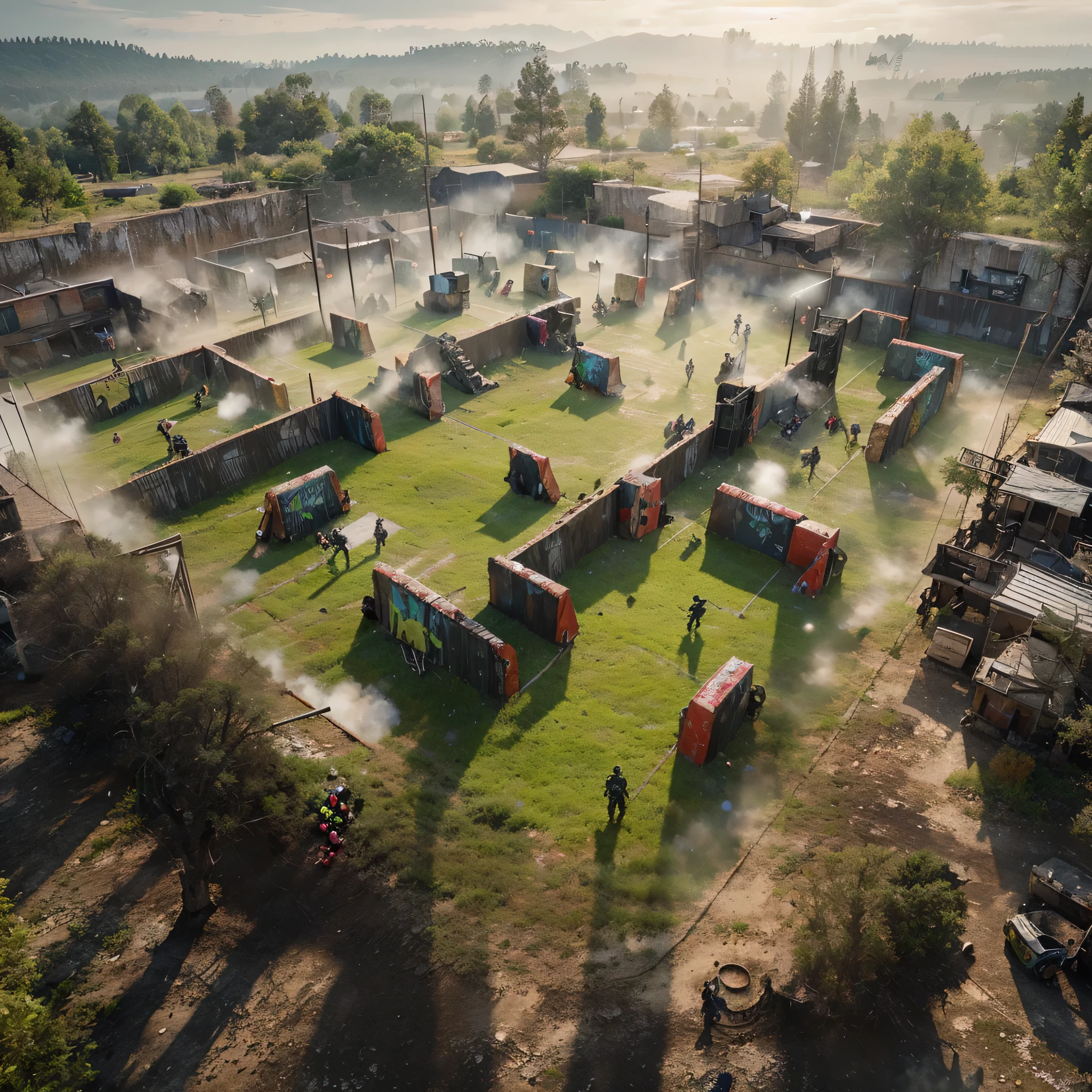 Aerial view of a paintball field, showing a 4 on 4 paintball match. From above, the view shows the intense competition between the black team and the gray team. The graphics are highly realistic and cinematic, the design elements are intricate, and the settings are incredibly detailed and intricate. The entire scene is displayed in 8k resolution.