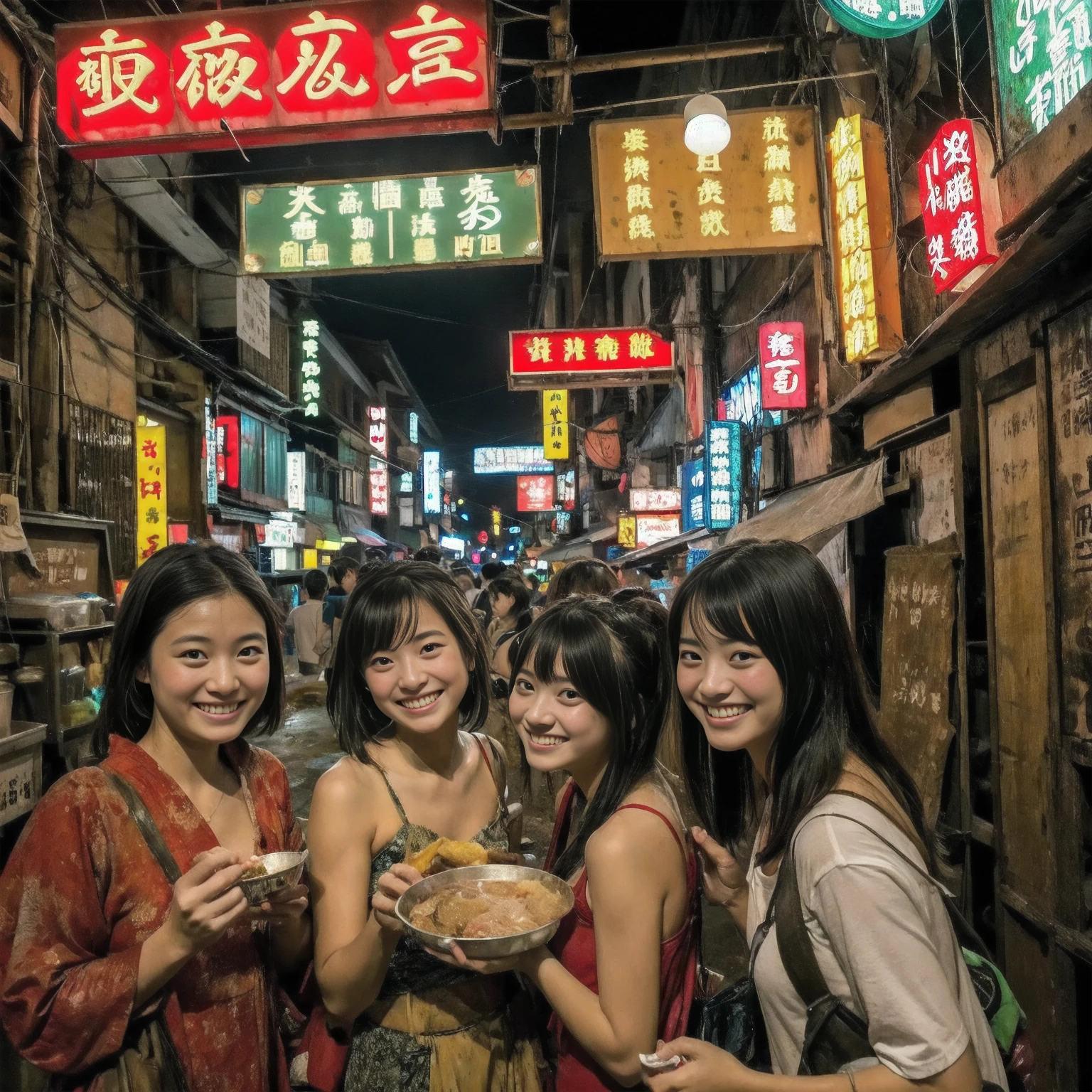 (masterpiece:1.2、Highest quality)、Hot Spring Town、Places to visit in Japan、Unsanitary and despicable environment、Shady Red Light District、Summer clothes、Summer festival、Tavern on the street、(Detailed and cute face:1.3)、(3More than 100 cute girls)、Rusted metal、Dirty walls、Full of garbage、((Eat well))、perfect anatomy、smile