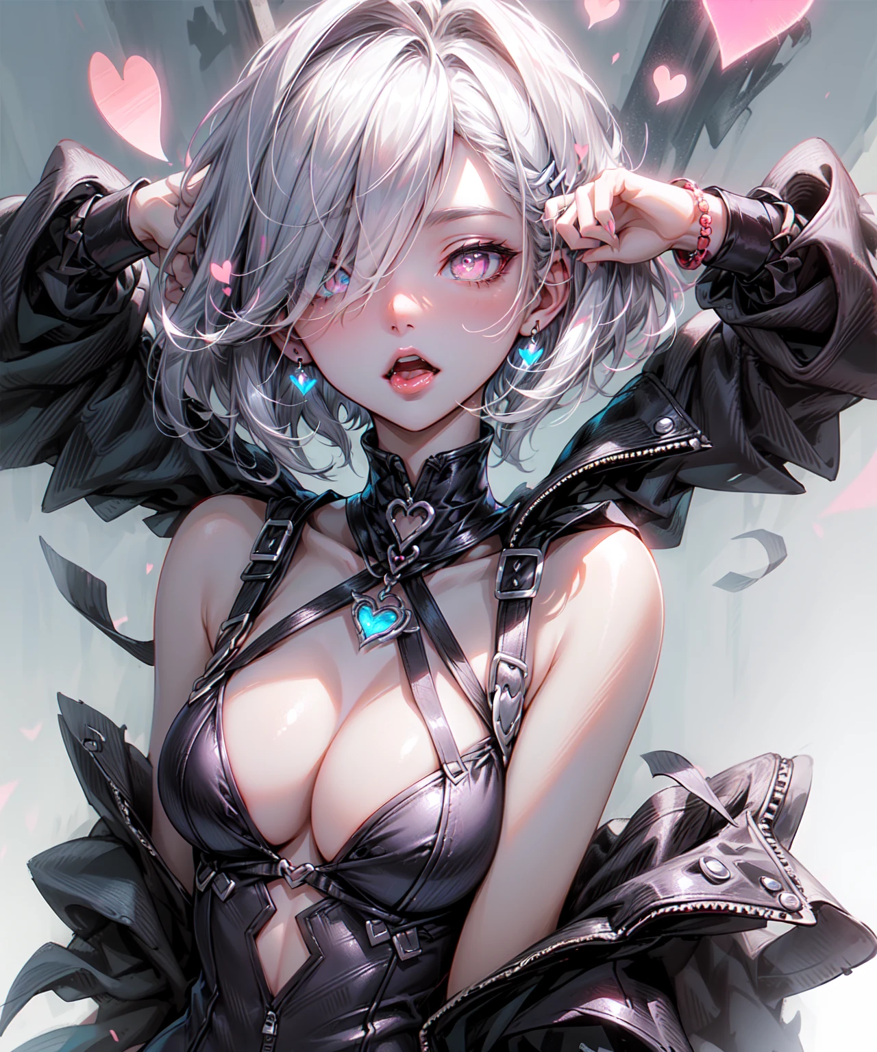(Highest quality、High resolution、8K、masterpiece:1.2)。Look away、Open your mouth、Pink Eyes、Silver Hair、Heart shaped pupil、teeth、tongue、tongueを出す、（Original Character, (1 Girl)、Perfect Face、((short hair:1.2))、(Hair above one eye:1.3)、[[Disheveled Hair]]、Colorful Hair、Detailed eyes that shine、Light and shadow、Glowing Skin、 (Curvy but slim), ((High angle shot))、Sexy look、Use something sexy、（background：）Full body、bracelet、necklace、Paris Collection Fashion、sunglasses、Follow the Silver Wolf、