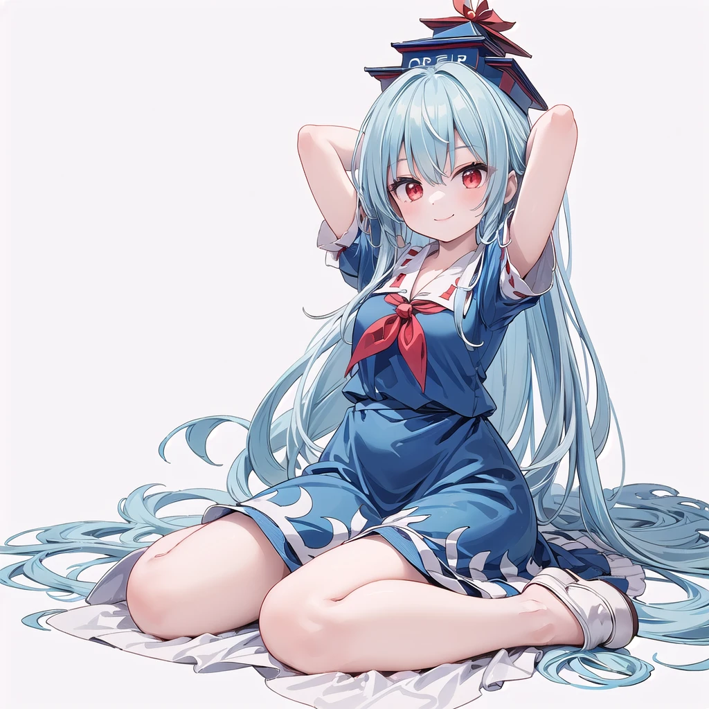 (((one girl))),kamishirasawa keine (touhou),red eyes,long hair,two-tone hair,white hair, blue hair,sidelocks, bangs,blue headwear,blue dress,collared dress, puffy short sleeves,red neckerchief,blue skirt,(((smile))),(((full body))),(((arm behind head))),(((wariza))),(((simple white background))),(((from front)))