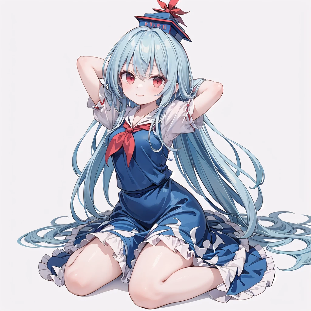 (((one girl))),kamishirasawa keine (touhou),red eyes,long hair,two-tone hair,white hair, blue hair,sidelocks, bangs,blue headwear,blue dress,collared dress, puffy short sleeves,red neckerchief,blue skirt,(((smile))),(((full body))),(((arm behind head))),(((wariza))),(((simple white background))),(((from front)))