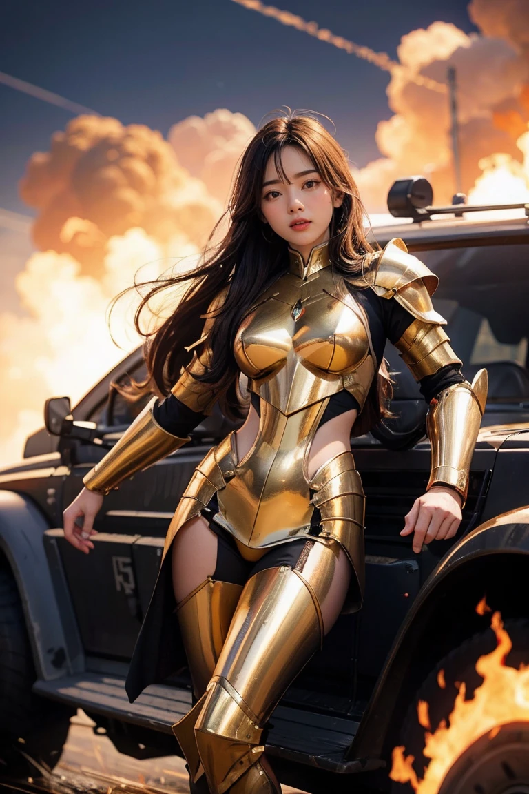 (Masterpiece), (Best Quality), (1 Girl), Girl in Golden Armor, Cool Pose, Battlefield Background, Fire Background, Saint Seiya Armor, Messy Hair, Broken Armor, Ragged Clothes