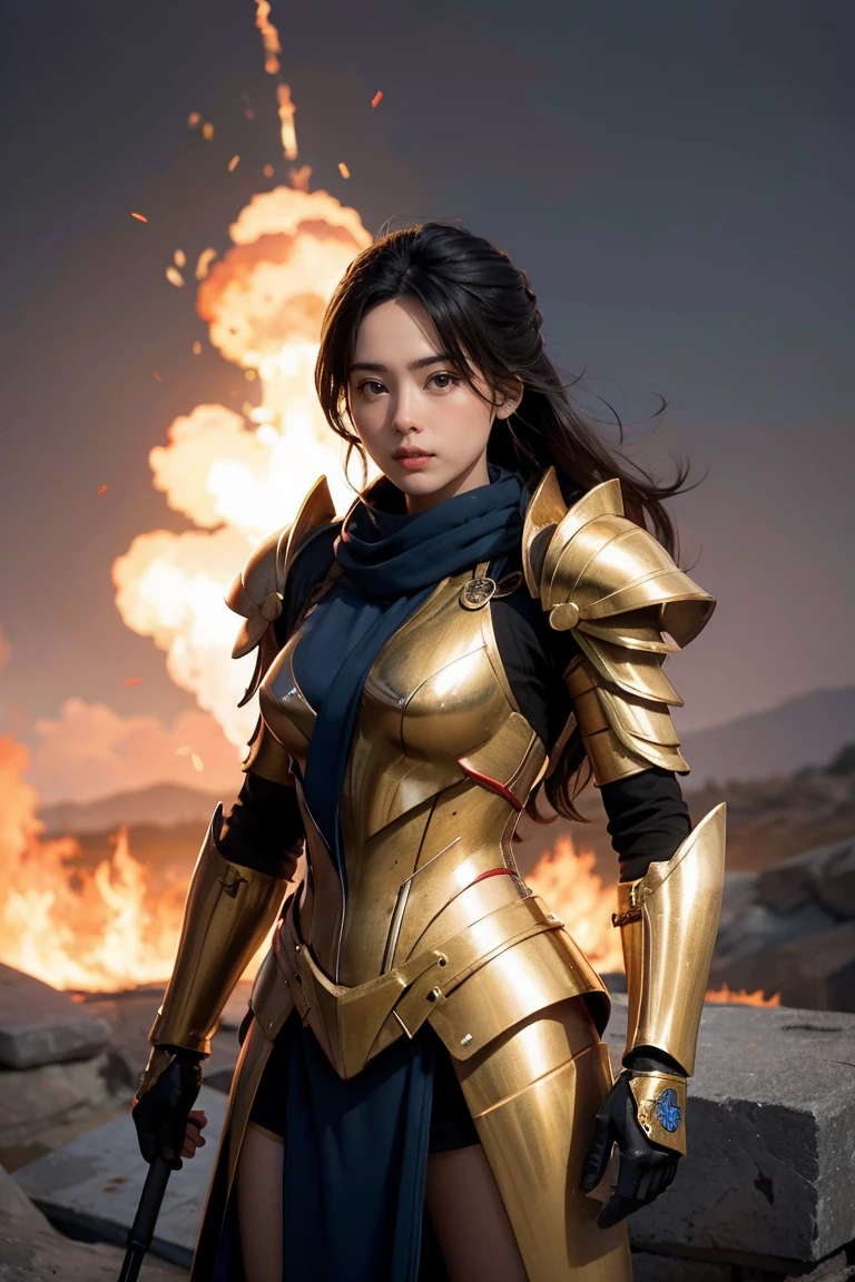 (Masterpiece), (Best Quality), (1 Girl), Girl in Golden Armor, Cool Pose, Battlefield Background, Fire Background, Saint Seiya Armor, Messy Hair, Broken Armor, Ragged Clothes