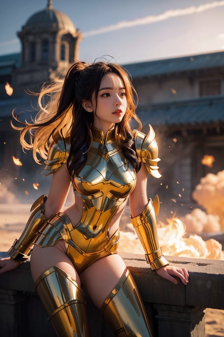 (Masterpiece), (Best Quality), (1 Girl), Girl in Golden Armor, Cool Pose, Battlefield Background, Fire Background, Saint Seiya Armor, Messy Hair, Broken Armor, Ragged Clothes