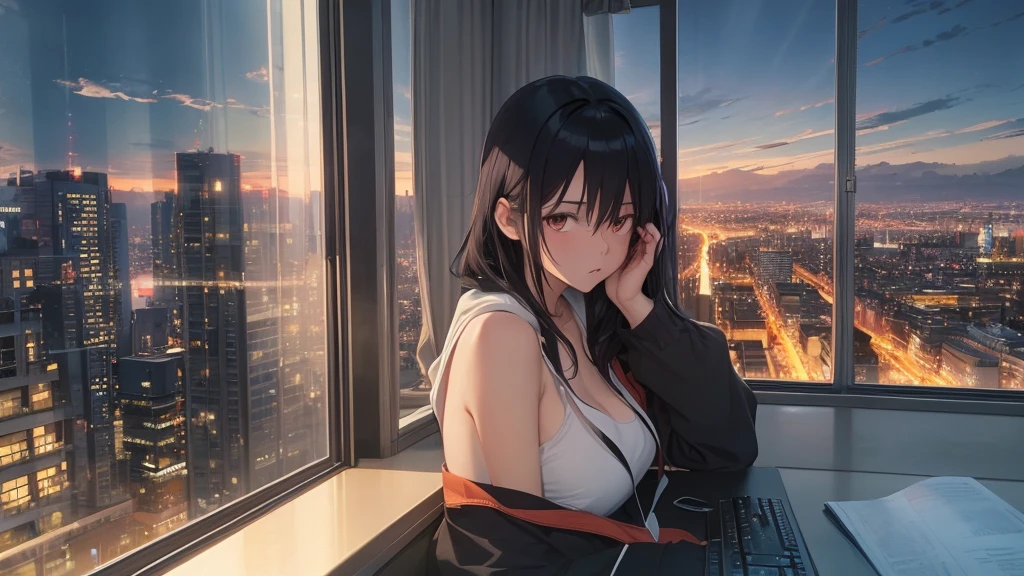 Absurd, Ultra-high resolution, (Official Art, beautifully、mysterious:1.2), Correct human body composition, Striking eyes, length, Shiny black hair, Larger than average bust, Girl listening to music with headphones, Looking out the window, lo-fi girl, Oversized hoodie and short skirt, Makoto Shinkai and Artgelm, Anime atmosphere, Lofi Art Style, Anime style 8k, Anime Aesthetics, Lo-fi feel, Anime Art Wallpapers 8K, An atmosphere of praise, City Room, age Girl's Room, A room for music lovers, city view from the window, Impressive cityscape, Bright sky