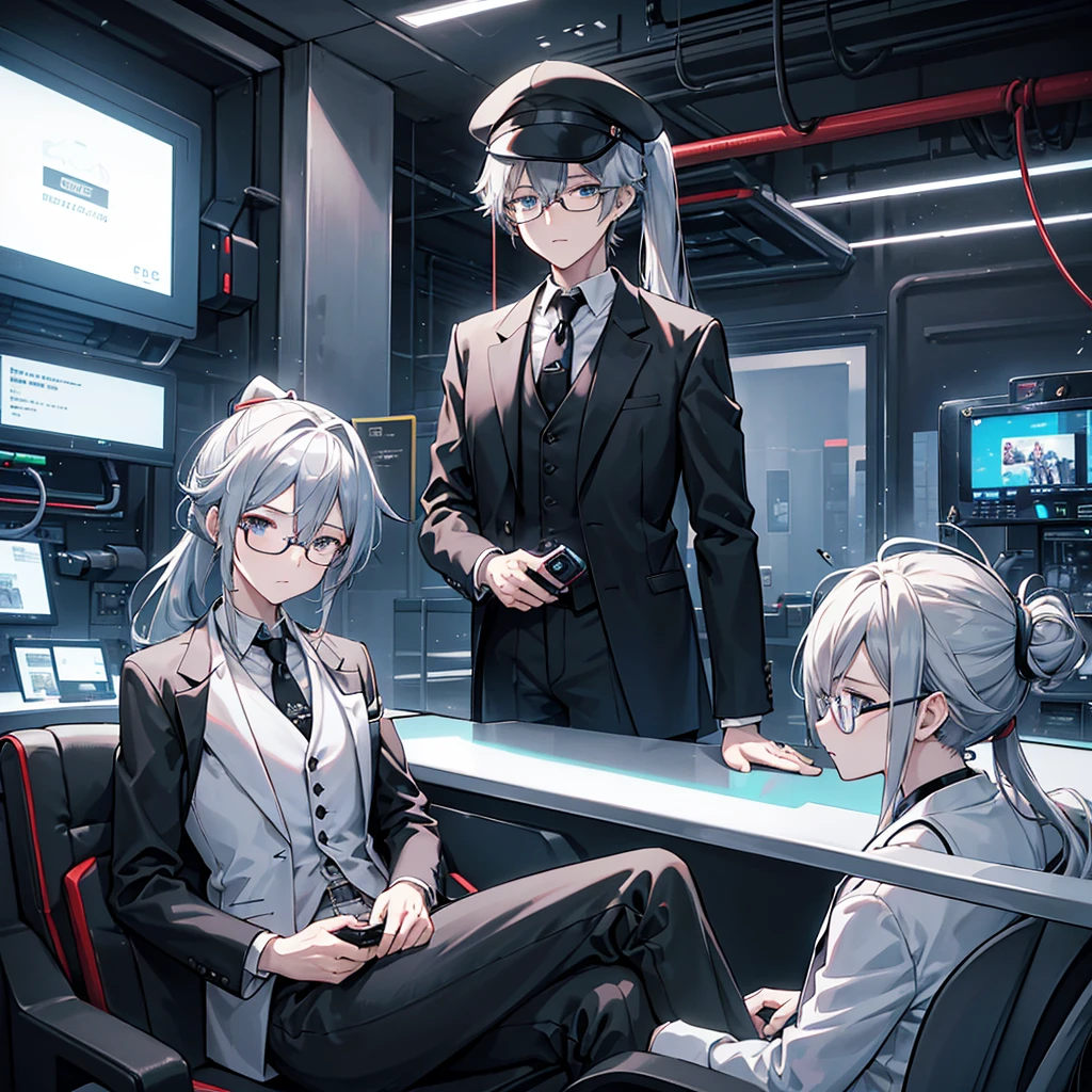 (Mastepiece)(High definition)Male android in his 20s、Gray Hair、ponytail、hat、Tuxedo、tie、Wearing round rimless glasses、Sitting、It is connected to the machine by multiple cables.(charging)、background(A science fiction-like electronic world、A space that feels like the inside of a machine、Virtual space、Near future)