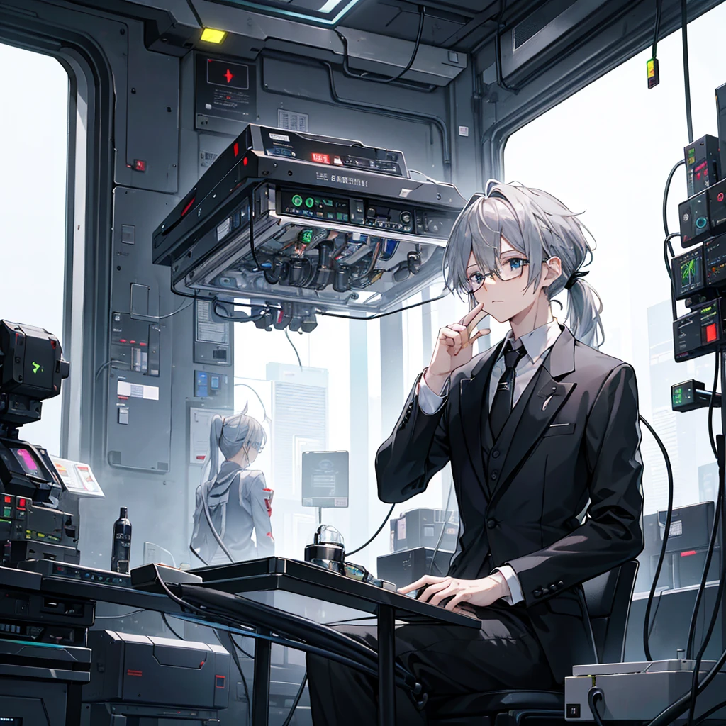(Mastepiece)(High definition)Male android in his 20s、Gray Hair、ponytail、hat、Tuxedo、tie、Wearing round rimless glasses、Sitting、It is connected to the machine by multiple cables.(charging)、background(A science fiction-like electronic world、A space that feels like the inside of a machine、Virtual space、Near future)
