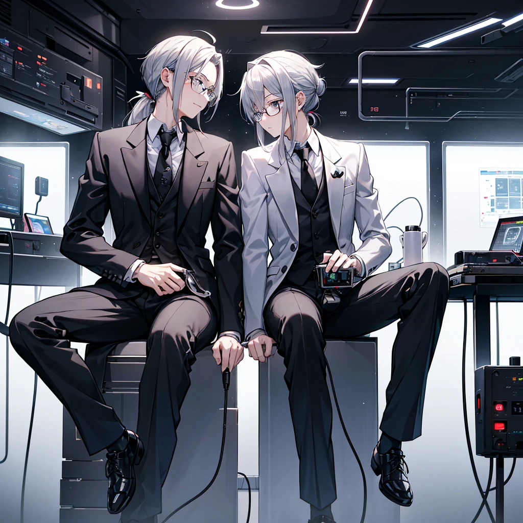 （Mastepiece）（High definition）Male android in his 20s、Gray Hair、ponytail、hat、Tuxedo、tie、Wearing round rimless glasses、Sitting、It is connected to the machine by multiple cables.（charging）、background（A science fiction-like electronic world、A space that feels like the inside of a machine、Virtual space、Near future）